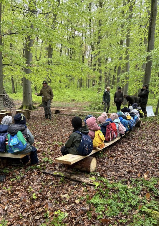 Auf einer Holzbank sitzen Kinder mit bunten Rucksäcken. Ein Erwachsener steht vorne und spricht im Wald, während andere Erwachsene zusehen. Sie sind von grünen Bäumen umgeben.