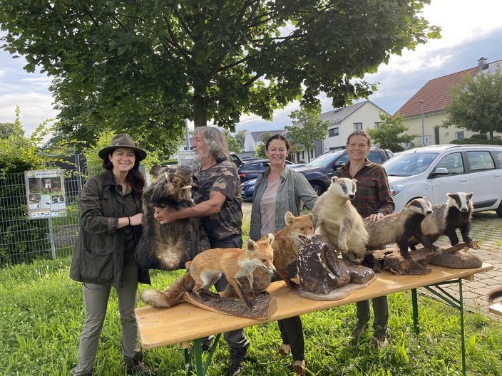 Vier Personen stehen hinter einem Tisch mit ausgestopften Tieren, im Freien in einer parkähnlichen Umgebung mit Autos und Häusern im Hintergrund. Ein Schild mit dem Text „Steinmarder“ ist sichtbar.