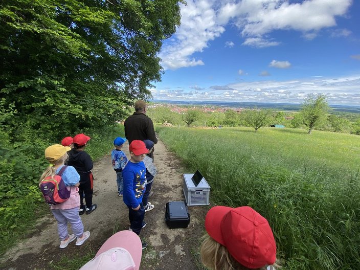 Eine Gruppe von Kindern steht auf einem Waldweg und schaut in die Ferne. Sie tragen bunte Mützen. Im Hintergrund ist eine grüne Wiese mit Bäumen unter einem blauen Himmel sichtbar.